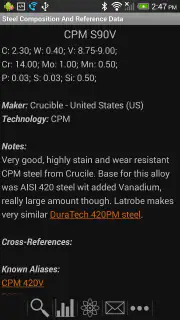 Knife Steel Composition Chart screenshot 5